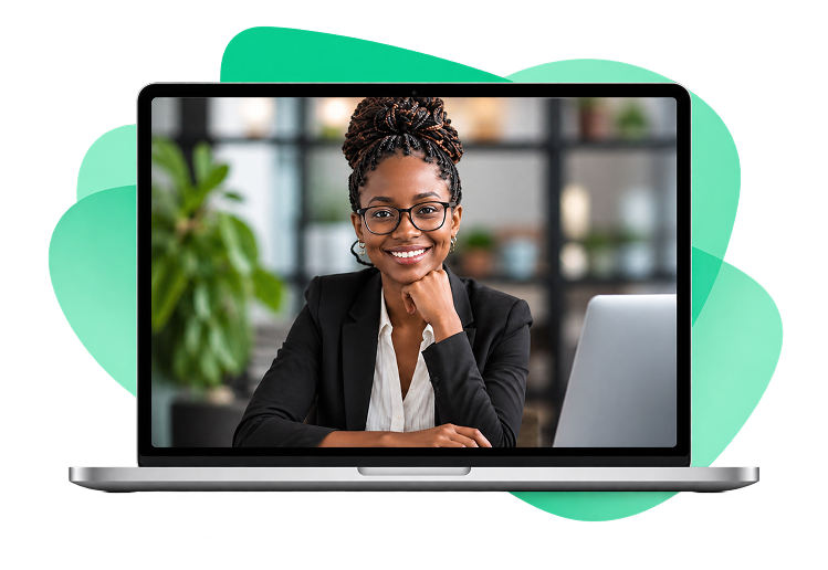 A smiling learner on a laptop screen
